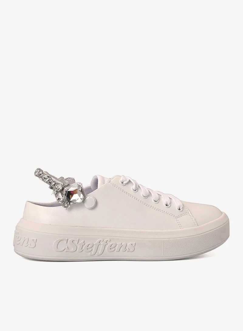 Carmen Steffens White Leather Sneakers with Crystal Detailing